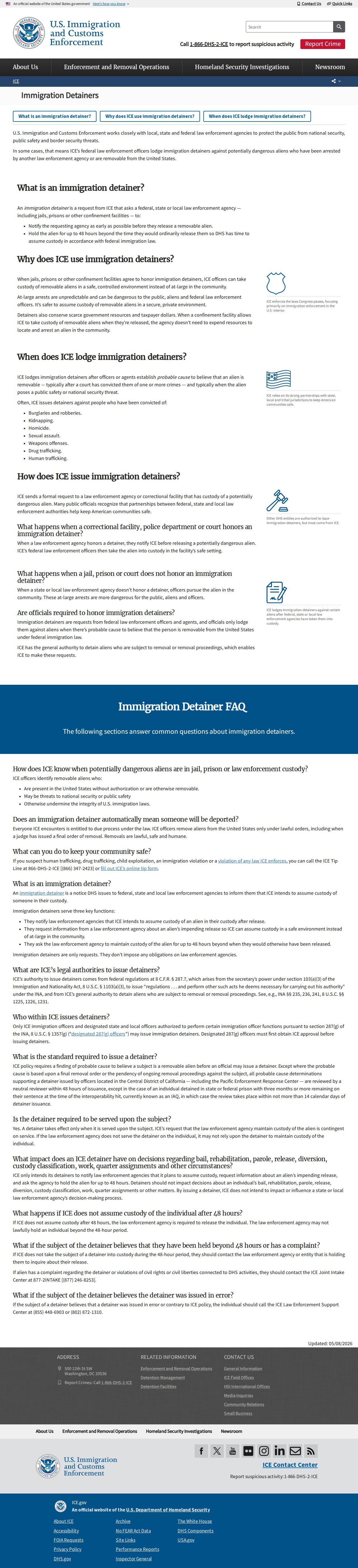 ICE immigration detainer information explaining transfer from local custody