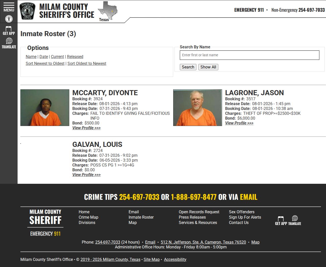 Milam County Sheriff's Office 48 Hour Release feed