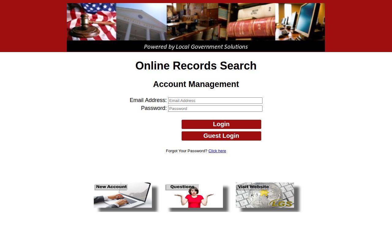 Milam County Online Court Search entry page