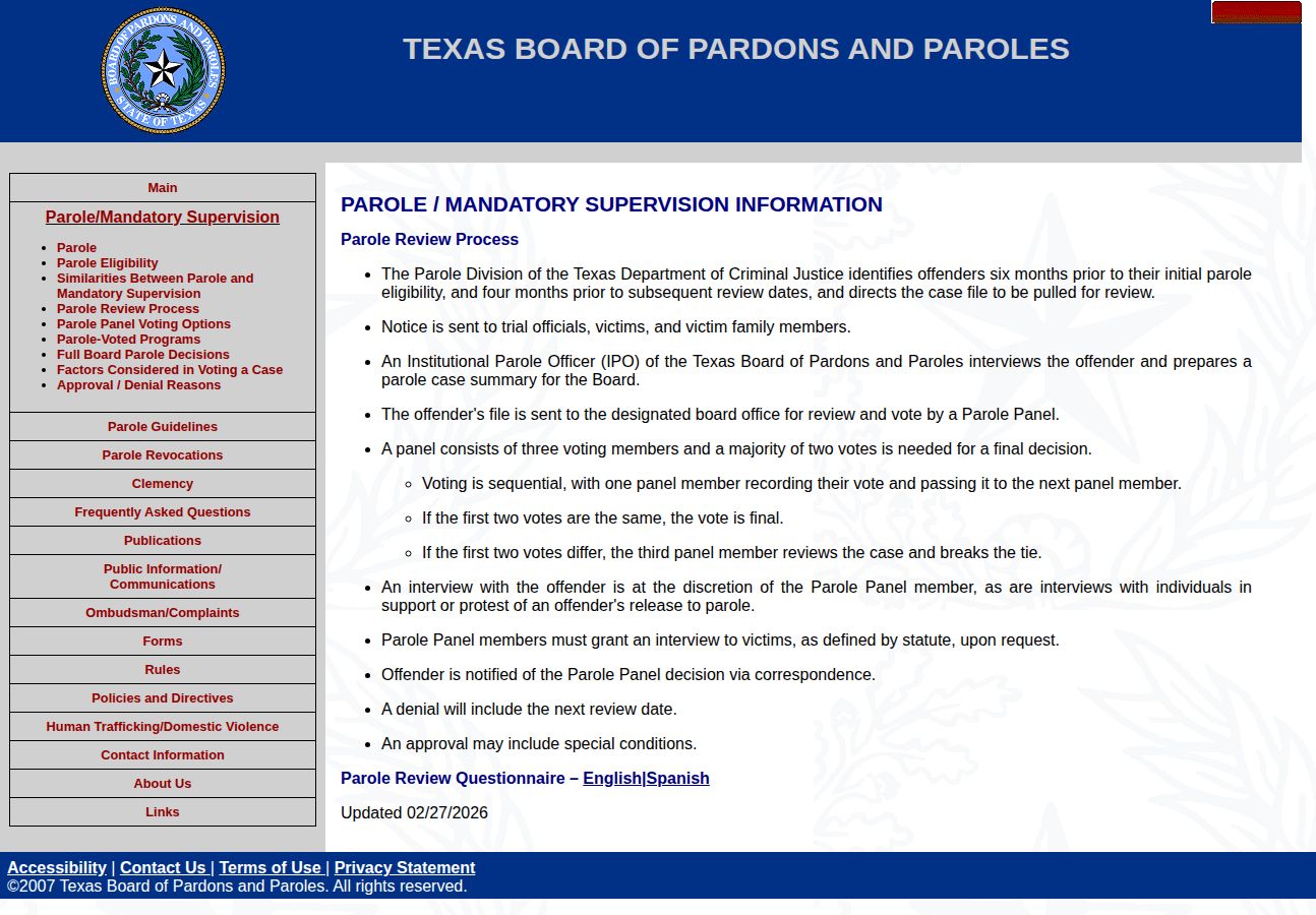 Texas parole review sequence for a Milam County release supervision check