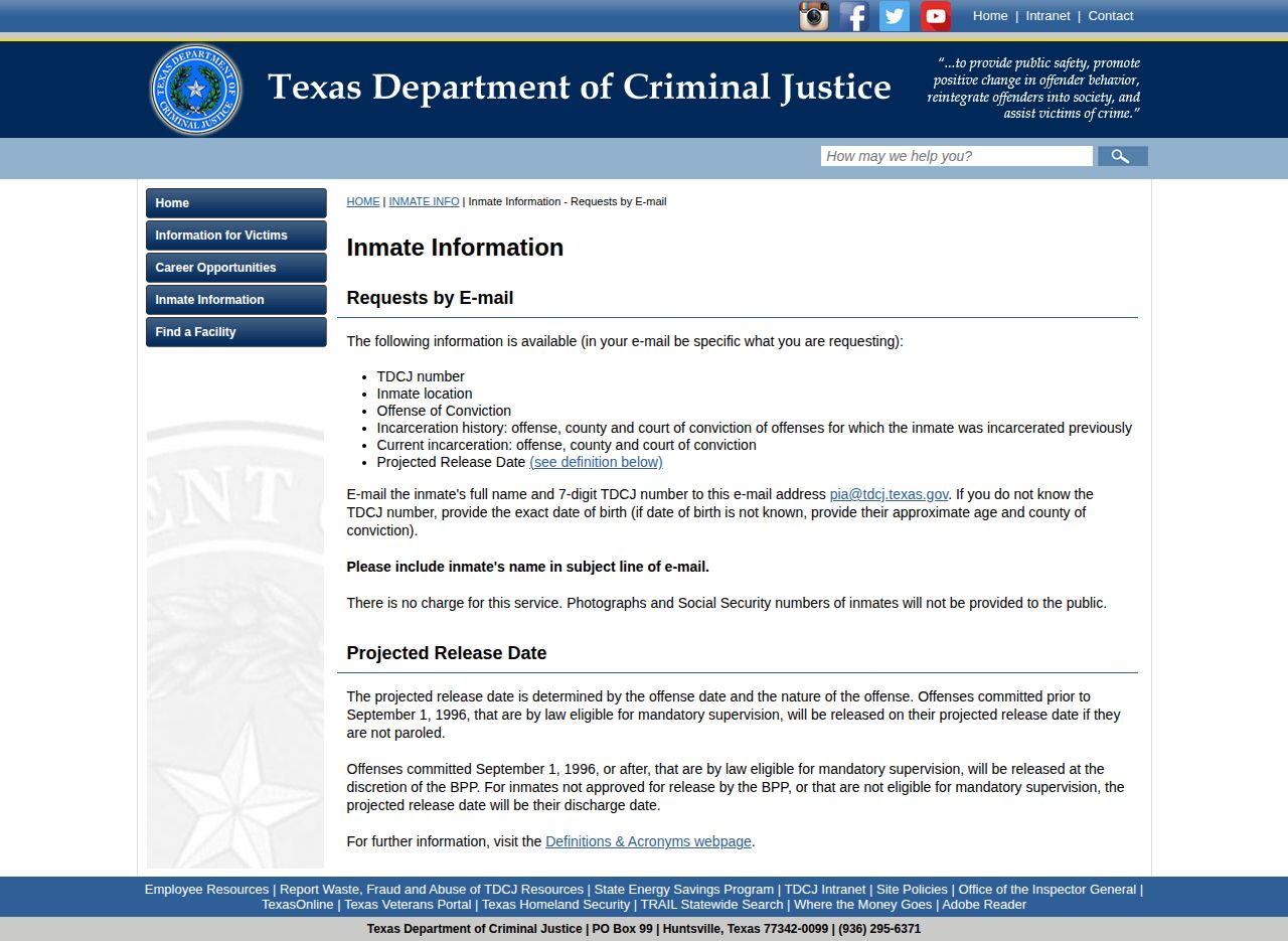 TDCJ history and projected release date information for Milam County